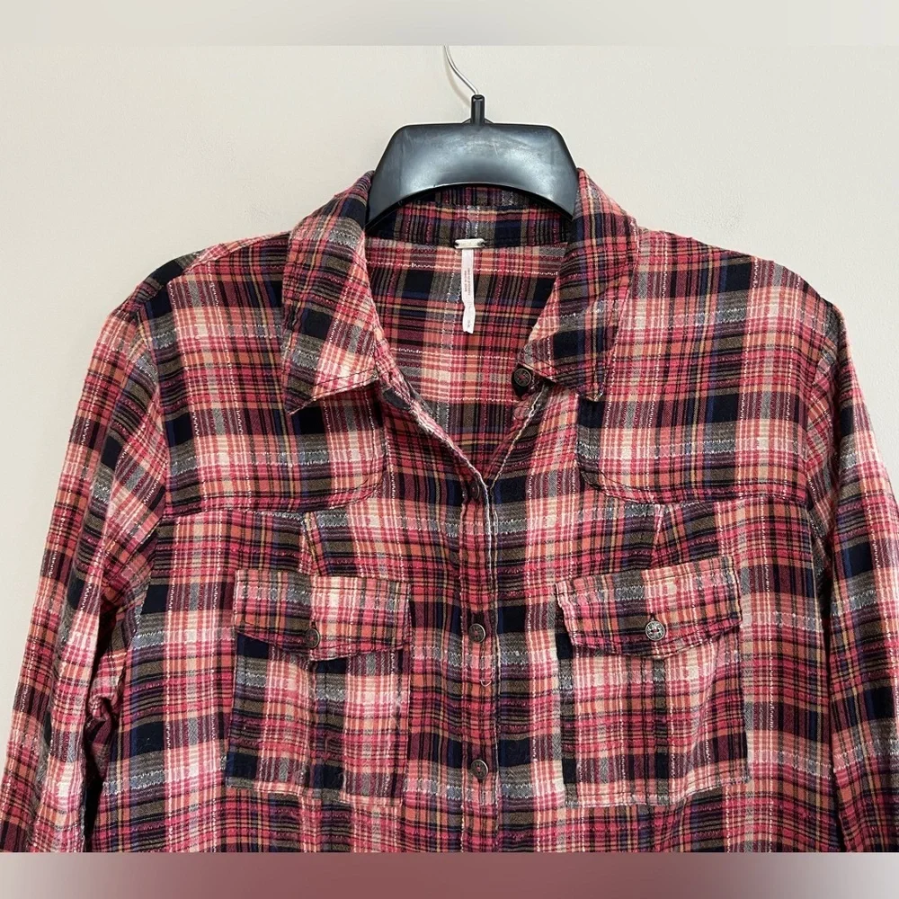 Free People Eight Days A Week Plaid Button Down Shirt Dress, Red/Navy Blue, sz S